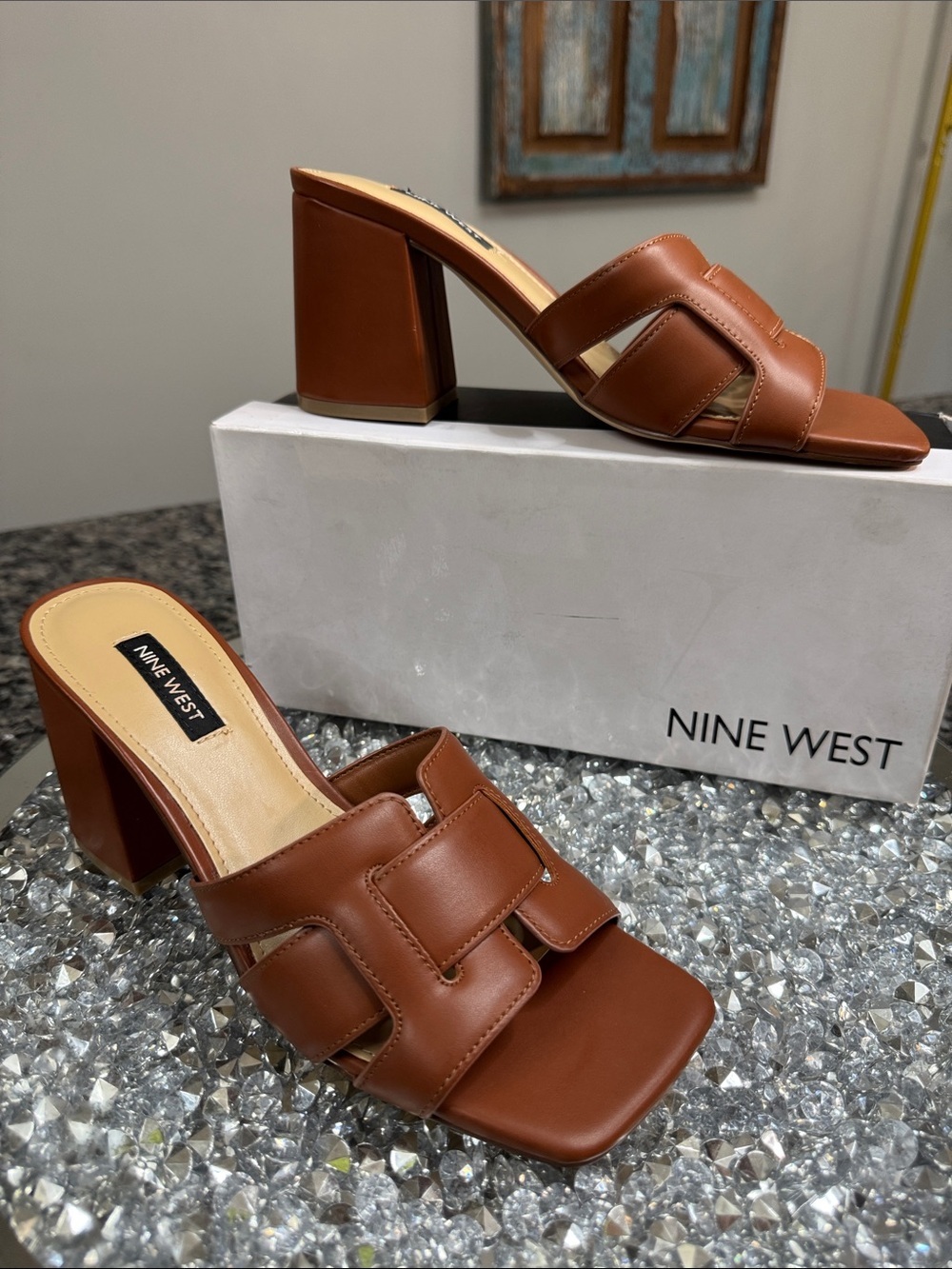 Nine West Kaelyn cognac Brown bohemian Block Heel Mules NWT 8